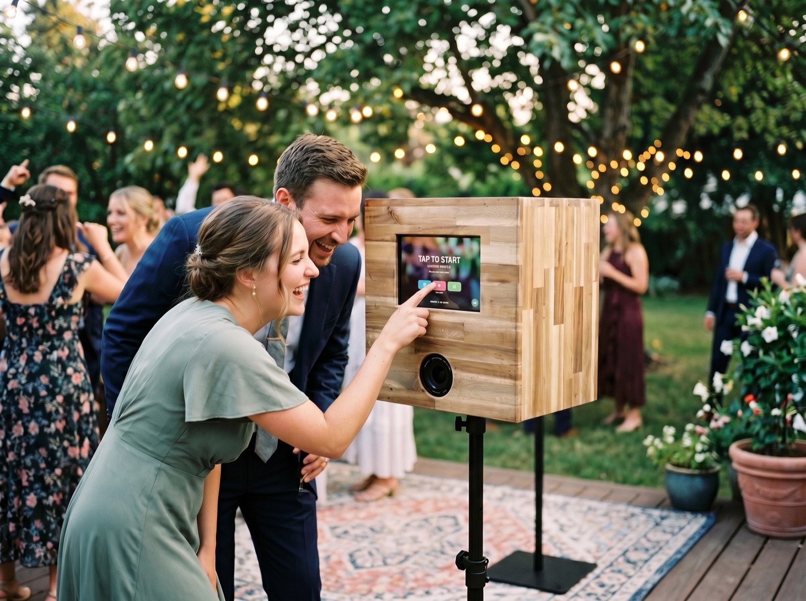 Gäste machen auf einer Gartenhochzeit ein Foto mit der Holz-Fotobox